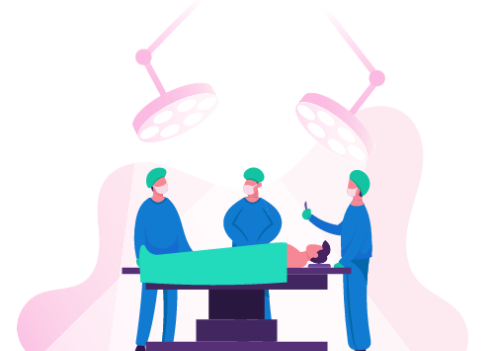 歯科医師３人と男性が診療台に乗っている様子のイラスト